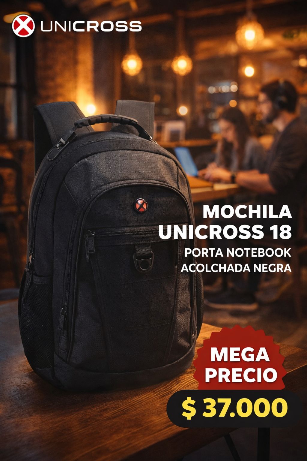 MOCHILA UNICROSS 18 PORTA NOTEBOOK ACOLCHADA NEGRA