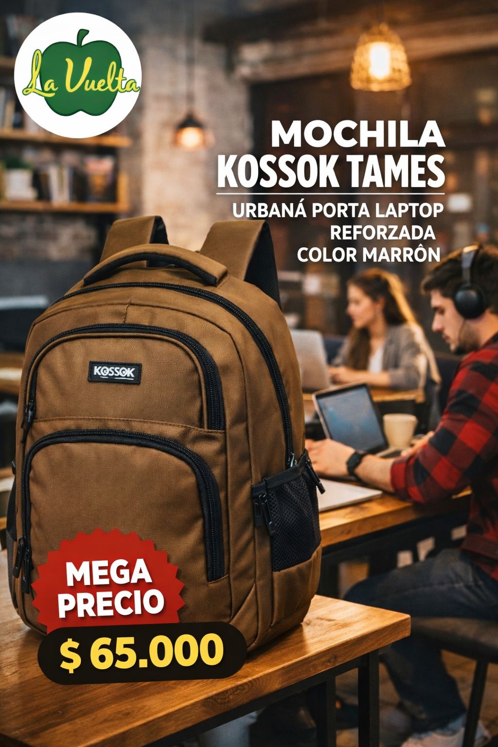 MOCHILA KOOSK TAMES URBANA PORTA LAPTOP REFORZADA COLOR MARRON