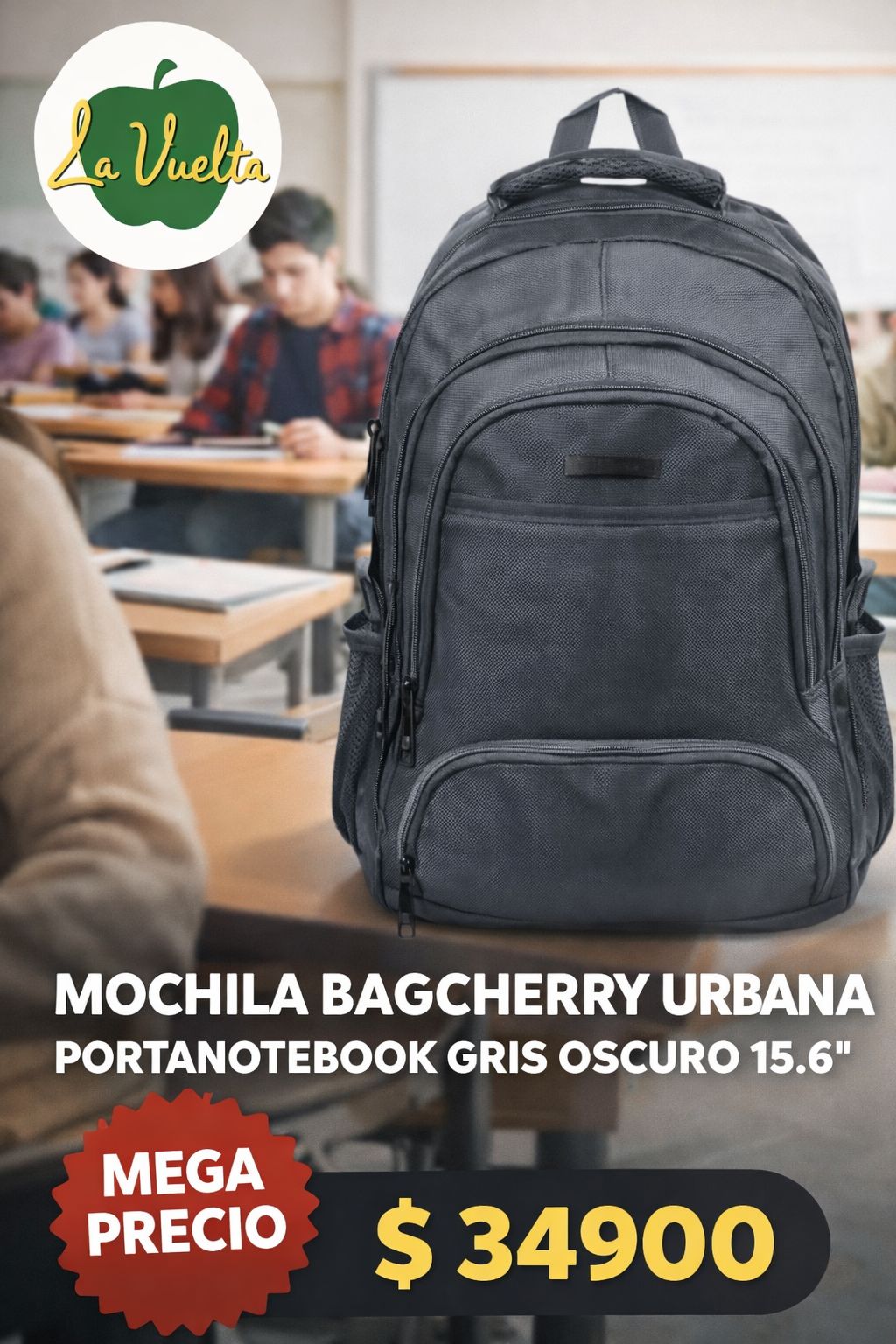 MOCHILA BAGCHERRY URBANA PORTANOTEBOOK GRIS OSCURO