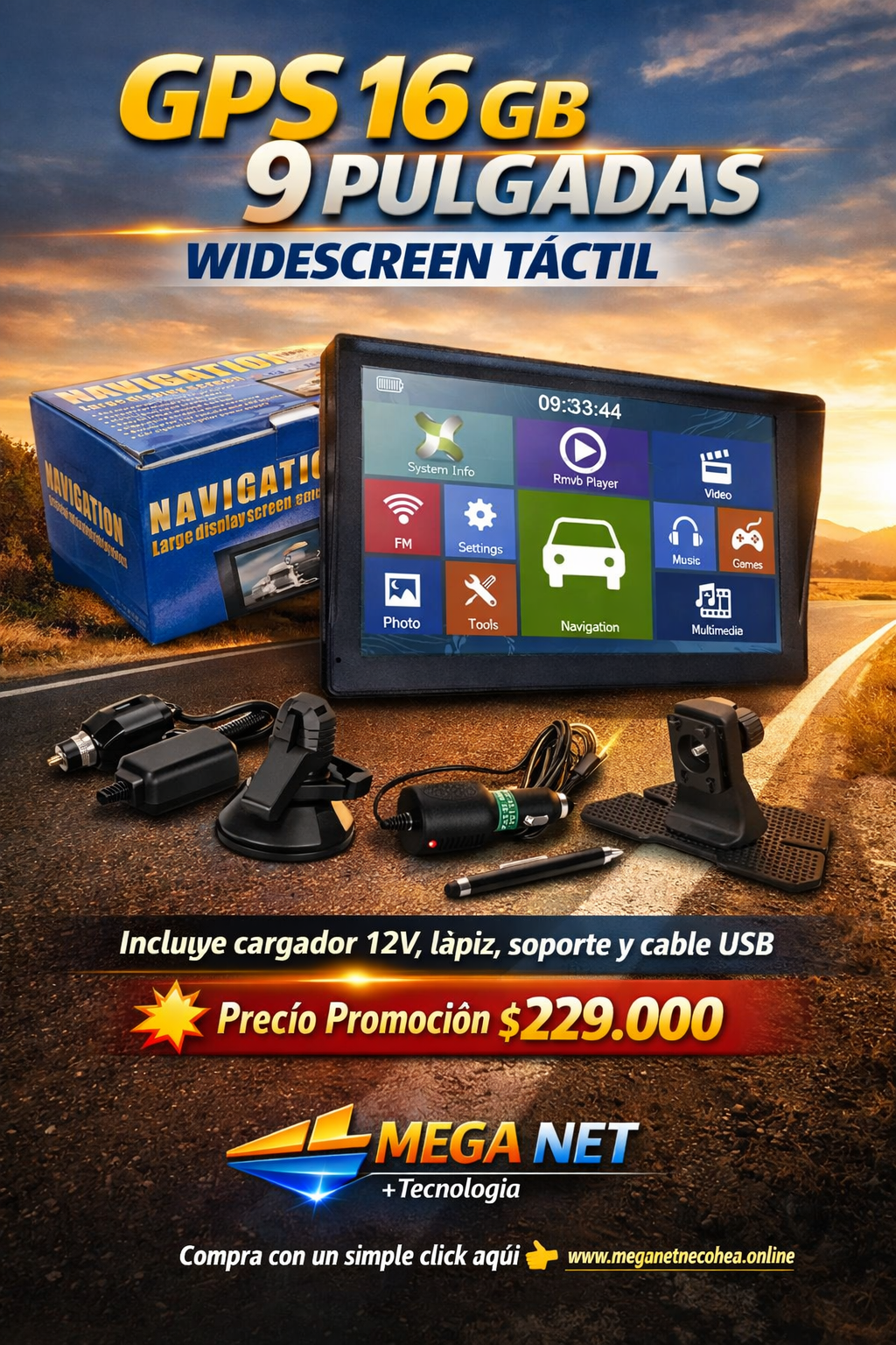 GPS 16GB 9 PULGADAS WIDESCREEN TACTIL INCLUYE CARGADOR 12V LAPIZ SOPORTE Y CABLE USB