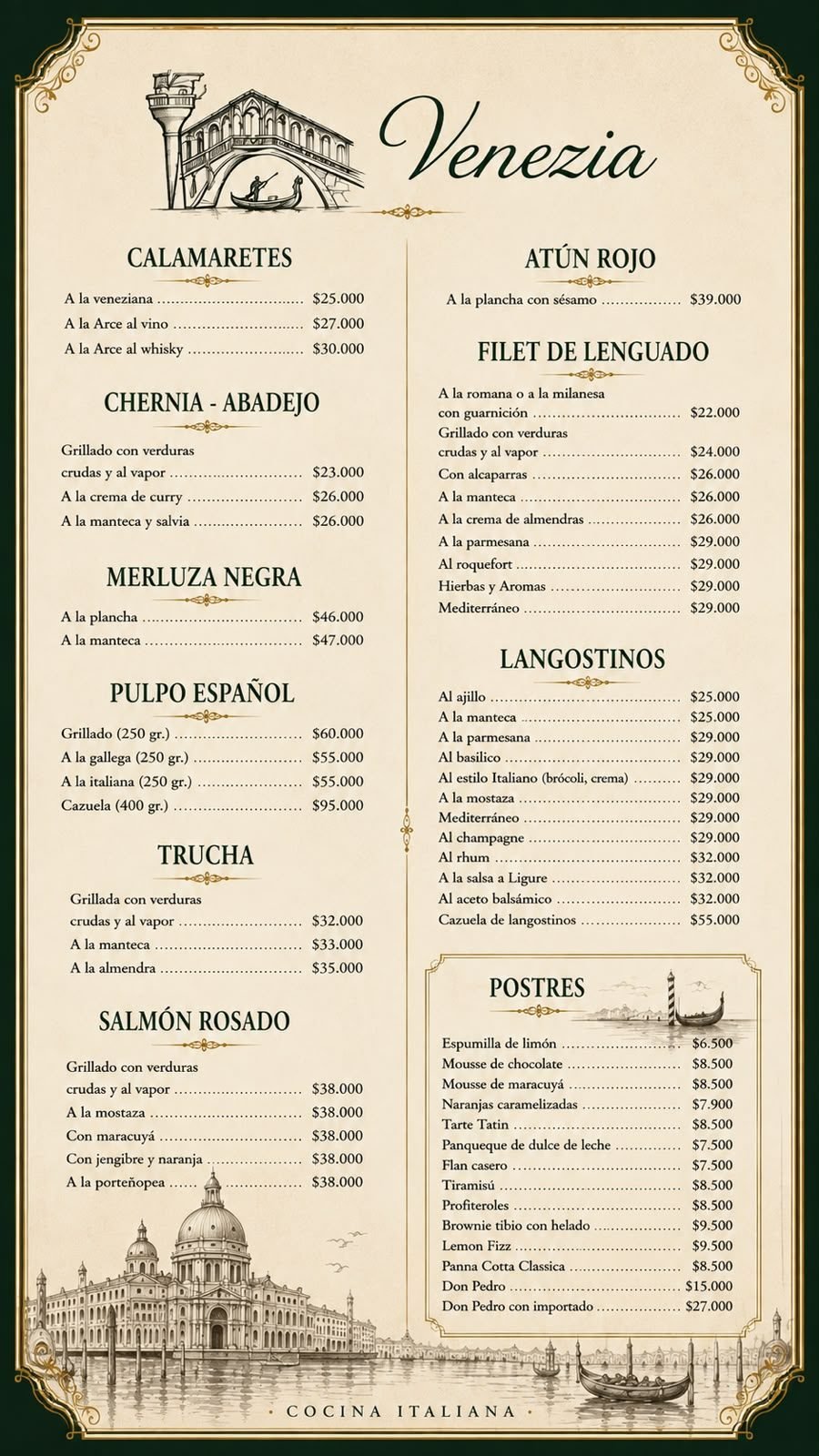 Menú Pescados y Mariscos - Postres